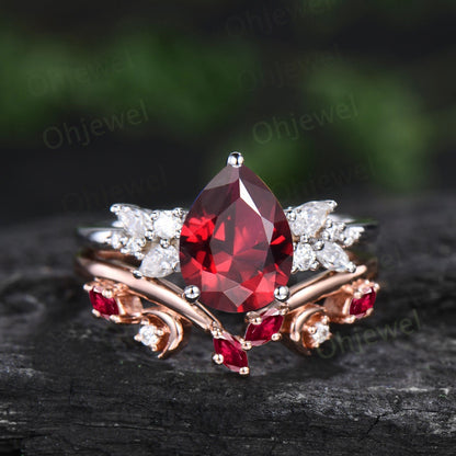 Pear cut red ruby engagement ring 14k white gold cluster snowdrift diamond ring vintage moon unique bridal wedding ring band set women gift