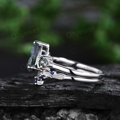Vintage pear moss agate engagement ring white gold kite moss agate ring moon leaf natural sapphire wedding ring set band women jewelry her