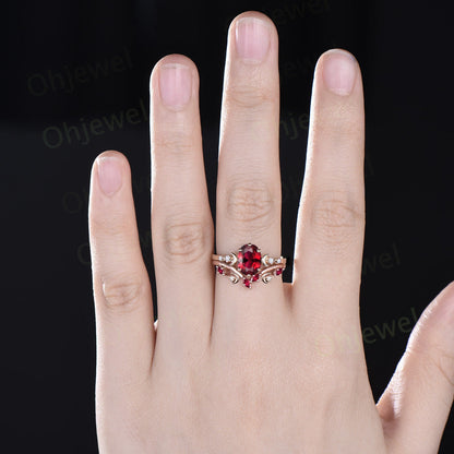 Vintage oval cut ruby engagement ring solid 14k yellow gold art deco five stone moon diamond ring women unique wedding anniversary ring gift