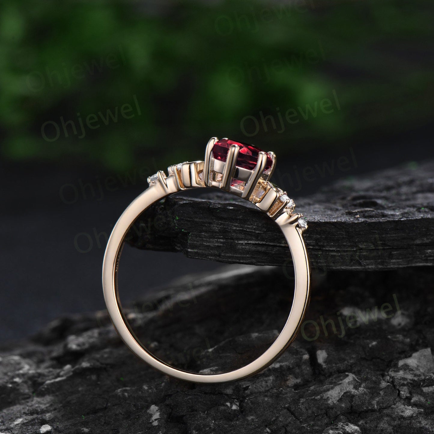 Vintage oval cut ruby engagement ring solid 14k yellow gold art deco five stone moon diamond ring women unique wedding anniversary ring gift