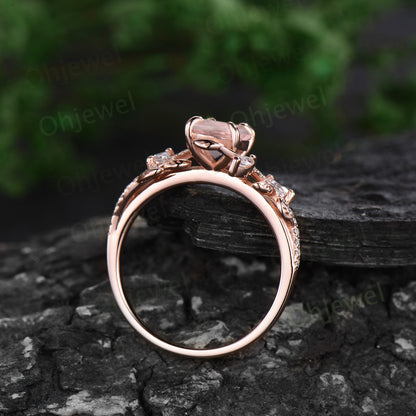 Unique oval cut morganite engagement ring rose gold vintage cluster leaf half eternity twisted diamond wedding bridal ring set women gift