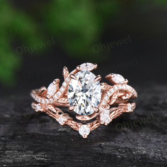 Unique oval cut moissanite engagement ring rose gold vintage cluster leaf half eternity twisted diamond wedding bridal ring set women gift