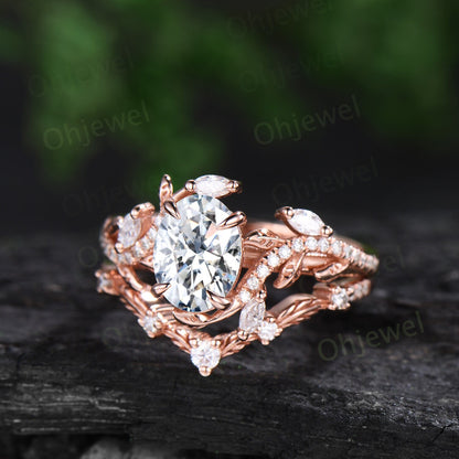 Unique oval cut moissanite engagement ring rose gold vintage cluster leaf half eternity twisted diamond wedding bridal ring set women gift