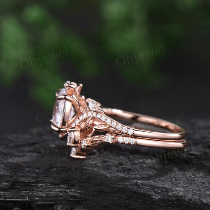 Unique oval cut moissanite engagement ring rose gold vintage cluster leaf half eternity twisted diamond wedding bridal ring set women gift