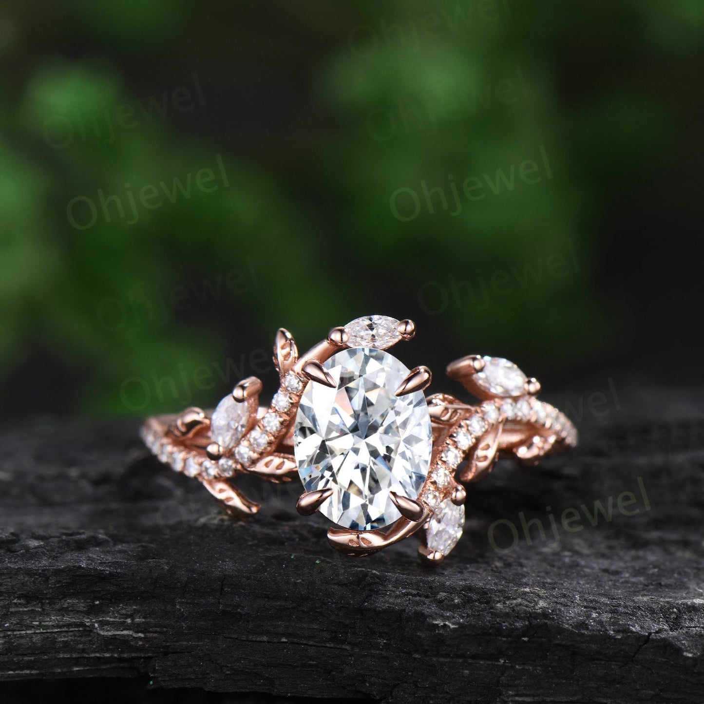 Unique oval cut moissanite engagement ring rose gold vintage cluster leaf half eternity twisted diamond wedding bridal ring set women gift
