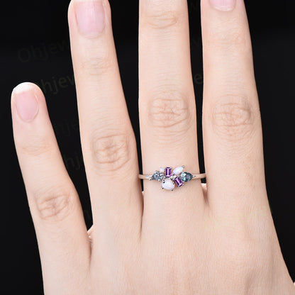 Unique oval opal ring vintage kite alexandrite ring white gold baguette cut amethyst ring women dainty wedding ring band anniversary gift