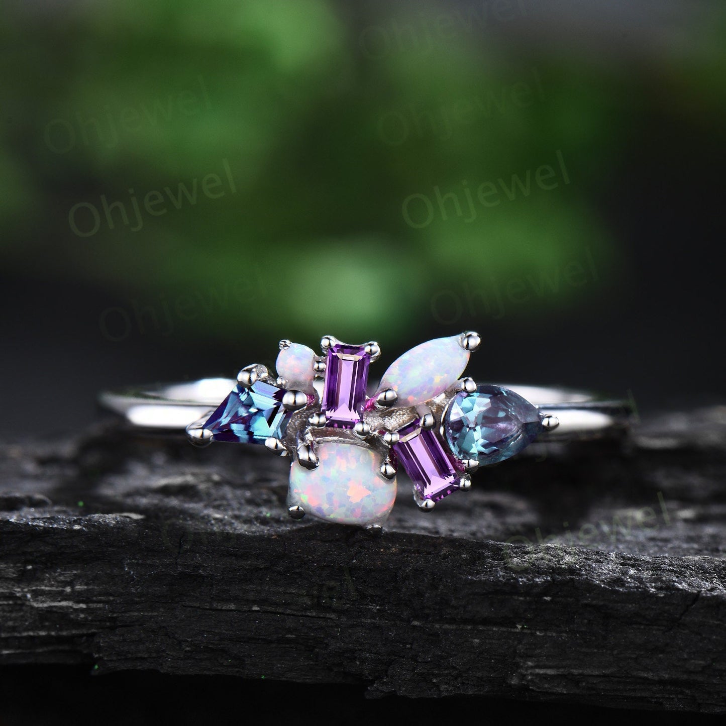 Unique oval opal ring vintage kite alexandrite ring white gold baguette cut amethyst ring women dainty wedding ring band anniversary gift