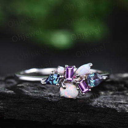 Unique oval opal ring vintage kite alexandrite ring white gold baguette cut amethyst ring women dainty wedding ring band anniversary gift