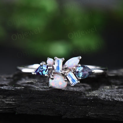 Dainty baguette cut moonstone ring vintage opal ring 14k white gold pear kite alexandrite ring women wedding ring band anniversary gift