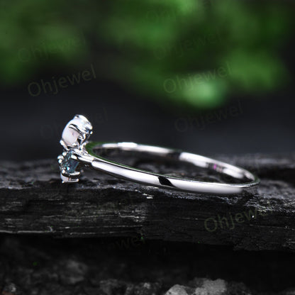 Dainty baguette cut moonstone ring vintage opal ring 14k white gold pear kite alexandrite ring women wedding ring band anniversary gift
