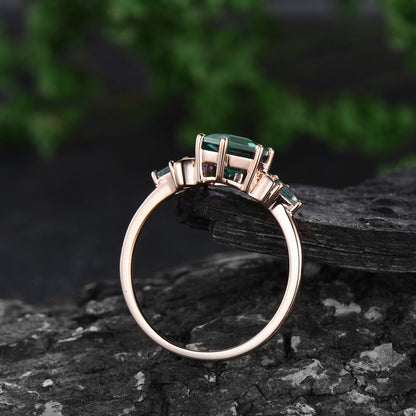 Vintage Hexagon cut green emerald engagement ring moon three stone kite moss agate ring amethyst wedding ring band stacking bridal set women