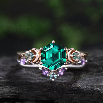 Vintage Hexagon cut green emerald engagement ring moon three stone kite moss agate ring amethyst wedding ring band stacking bridal set women