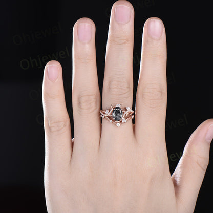 Unique oval black rutilated quartz engagement ring rose gold vintage cluster leaf half eternity twisted diamond bridal ring set women gift