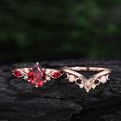 Pear shaped red ruby ring 6 prong vintage unique ruby engagement ring cluster rose gold opal ring leaf Celtic knot wedding ring set women
