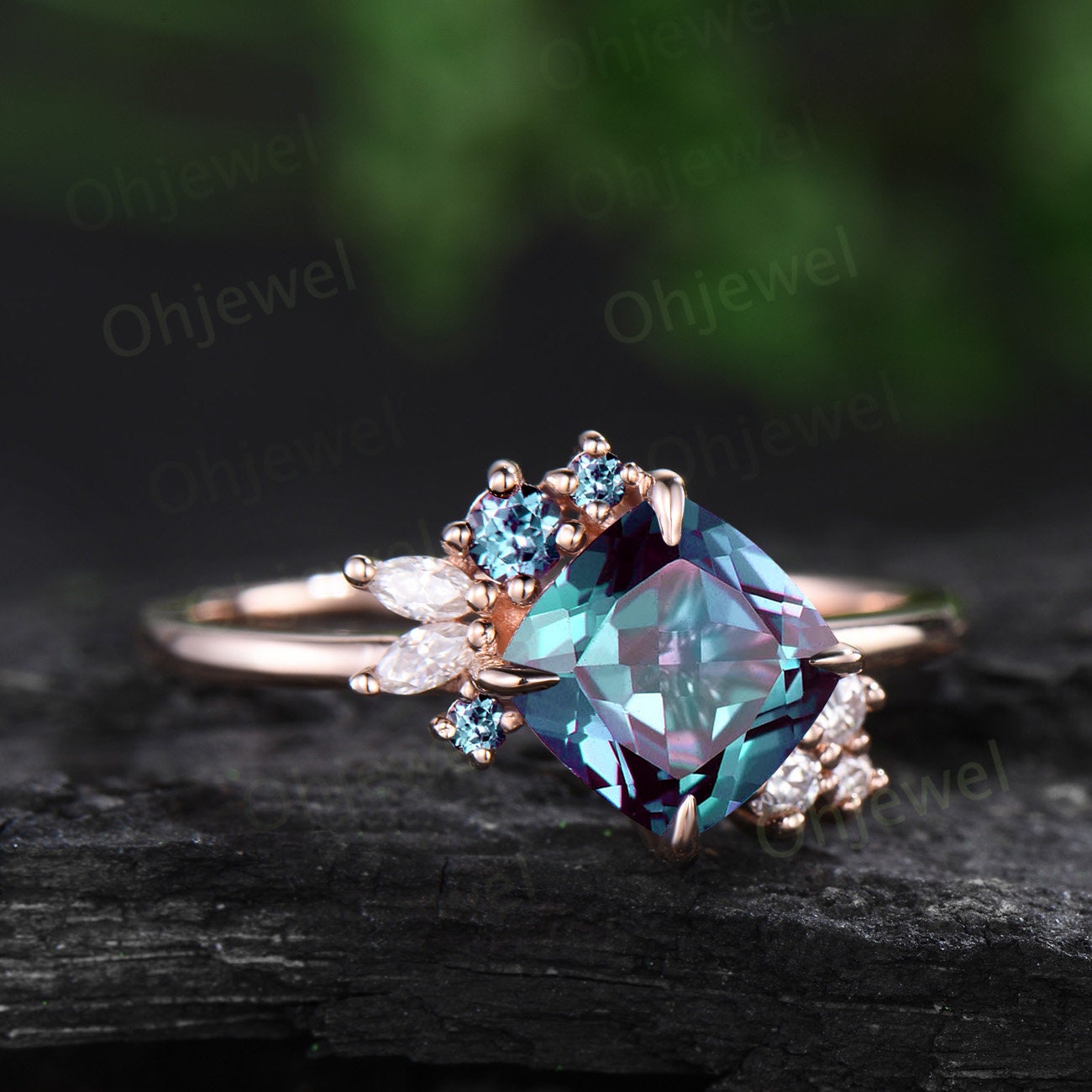Vintage cushion cut Alexandrite engagement ring 14k rose gold snowdrift cluster diamond ring women unique wedding promise ring gift jewelry