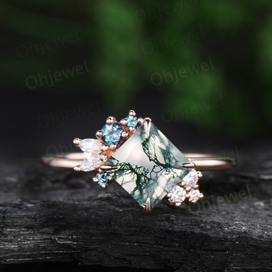 Unique princess cut moss agate engagement ring solid 14k 18k rose gold cluster alexandrite diamond ring women vintage anniversary ring gift