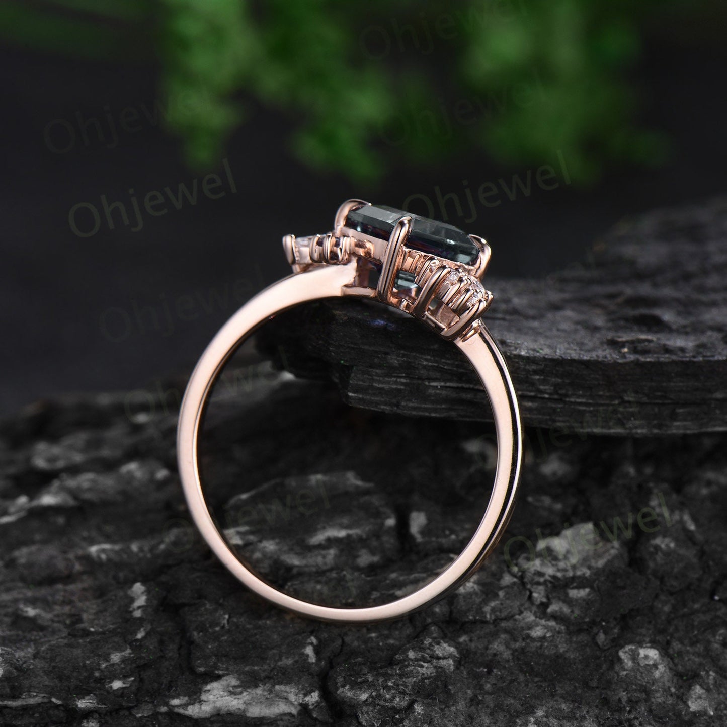 Unique princess cut moss agate engagement ring solid 14k 18k rose gold cluster alexandrite diamond ring women vintage anniversary ring gift