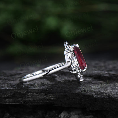 Vintage pear red ruby engagement ring leaf Nature inspired halo cluster diamond ring women white gold branch antique wedding ring gift