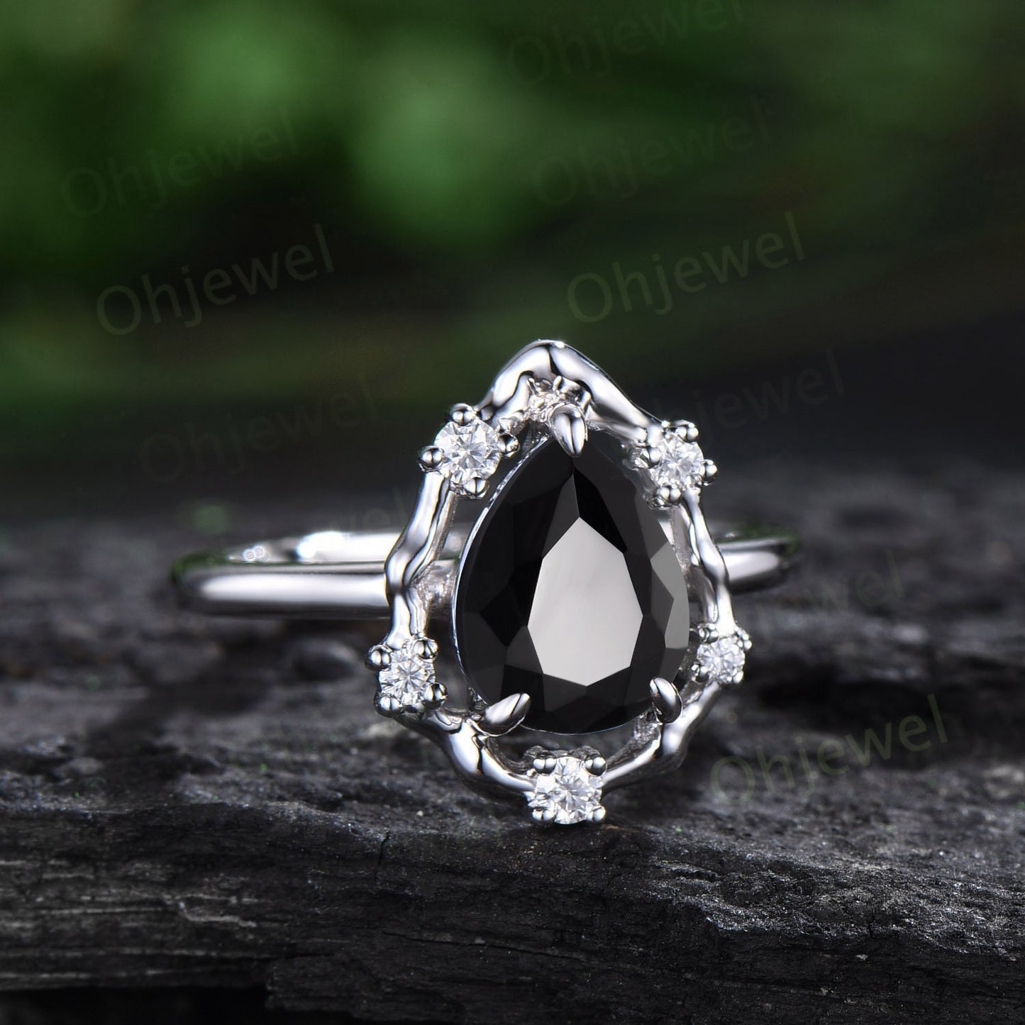 Vintage pear black onyx engagement ring leaf Nature inspired halo cluster diamond ring women 14k white gold branch anniversary ring gift