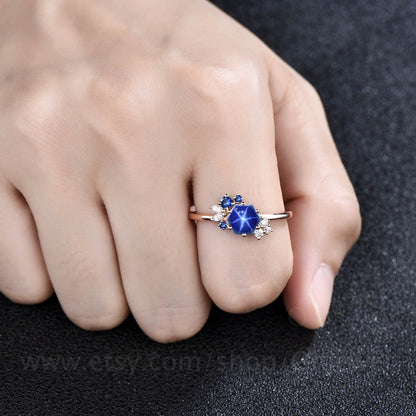 Hexagon blue star sapphire ring vintage unique cluster sapphire engagement ring rose gold dainty moissanite bridal anniversary ring gift