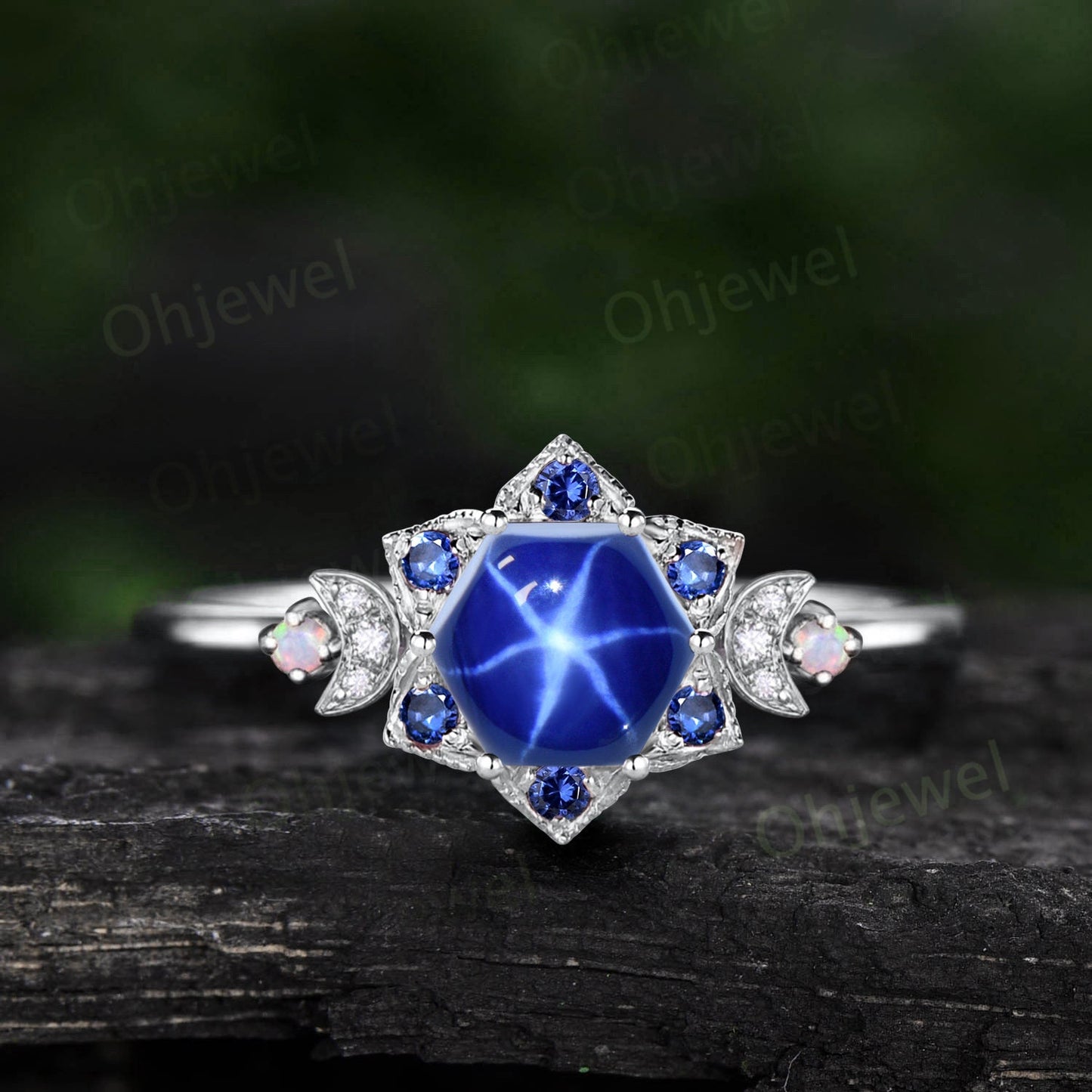 Vintage Hexagon blue star sapphire engagement ring solid 14k yellow gold milgrain floral moon opal diamond ring women wedding ring gift