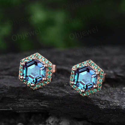 Vintage hexagon cut Alexandrite earrings solid 14k 18k rose gold unique 6 prong halo emerald stud earrings women wedding anniversary gift