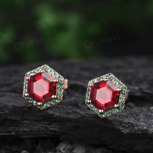 Vintage hexagon cut red ruby earrings solid 14k rose gold unique 6 prong halo emerald stud earrings women gemstone wedding anniversary gift