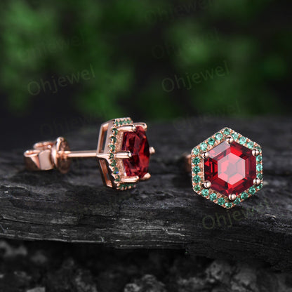 Vintage hexagon cut red ruby earrings solid 14k rose gold unique 6 prong halo emerald stud earrings women gemstone wedding anniversary gift