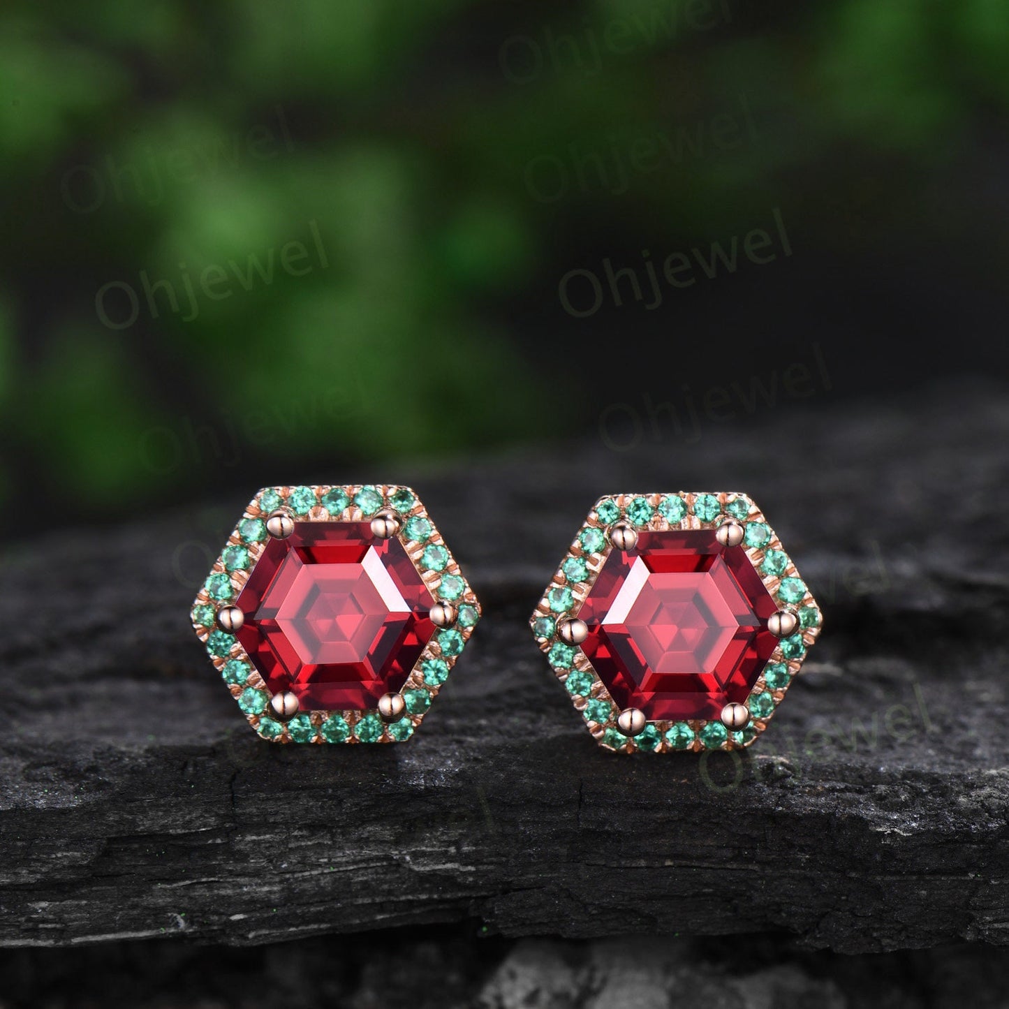 Vintage hexagon cut red ruby earrings solid 14k rose gold unique 6 prong halo emerald stud earrings women gemstone wedding anniversary gift