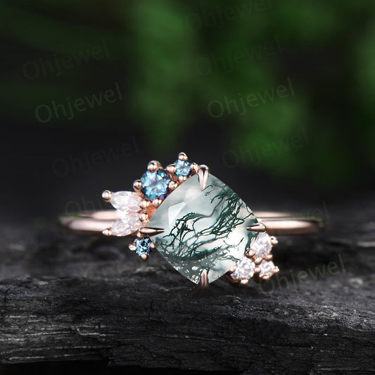 Cluster cushion cut green moss agate engagement ring rose gold art alexandrite diamond ring vintage claw prong wedding anniversary ring gift