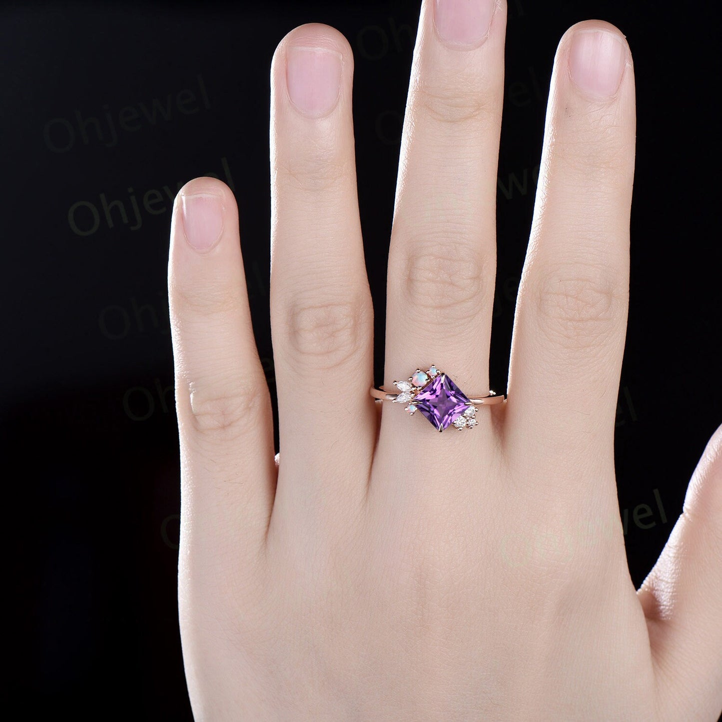 Unique princess cut purple amethyst engagement ring solid 14k 18k rose gold cluster diamond opal ring women vintage anniversary ring gift