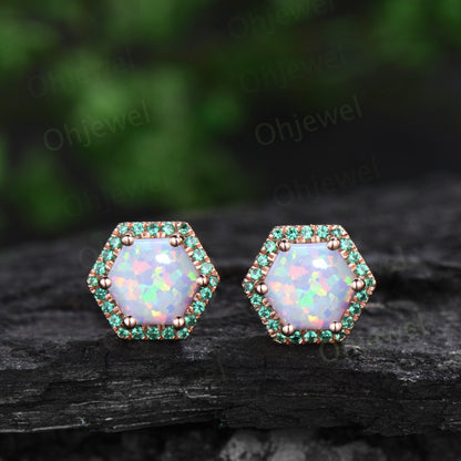 Hexagon white opal earrings solid 14k 18k rose gold October birthstone halo emerald stud earrings women dainty bridal anniversary gift