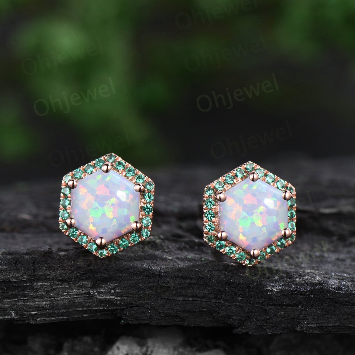 Hexagon white opal earrings solid 14k 18k rose gold October birthstone halo emerald stud earrings women dainty bridal anniversary gift