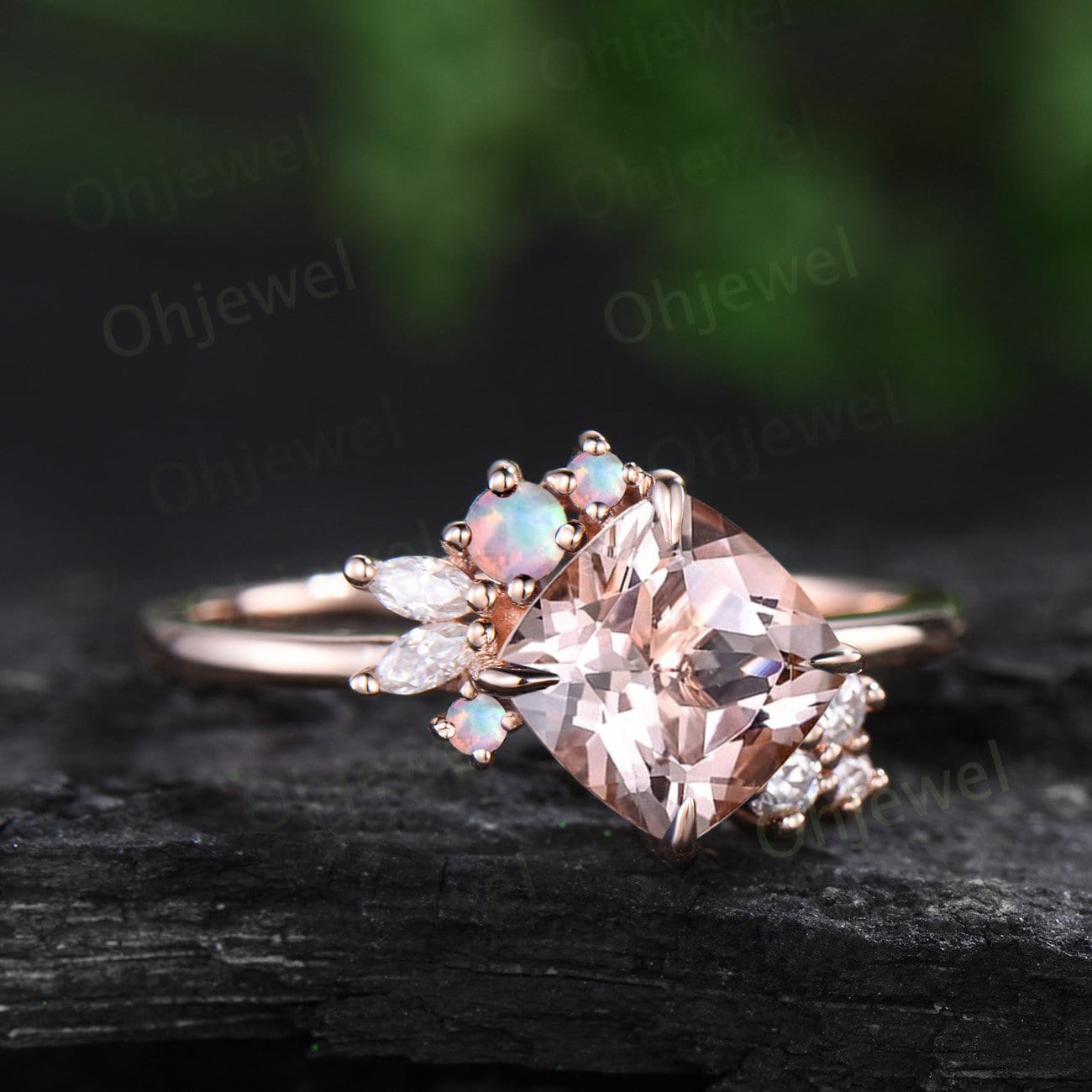 Cushion cut morganite engagement ring solid 14k rose gold snowdrift cluster diamond opal ring women vintage unique promise ring for her