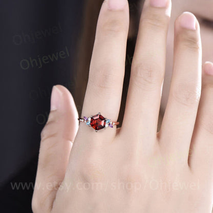 Hexagon cut red garnet engagement ring solid 14k rose gold 6 prong cluster snowdrift amethyst topaz ring vintage anniversary ring women
