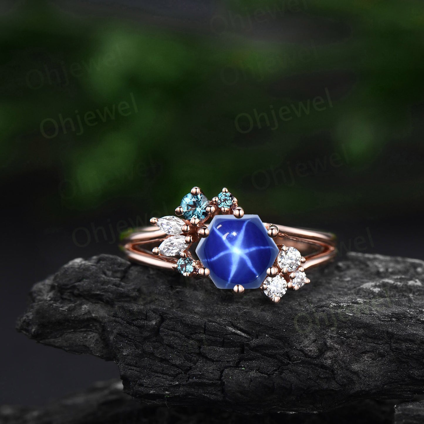 Hexagon blue star sapphire engagement ring rose gold silver cluster alexandrite ring 6 prong split shank diamond promise wedding ring women