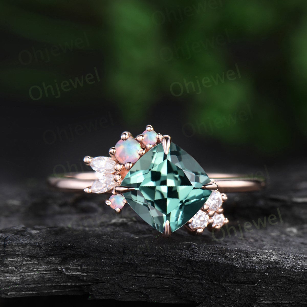 Cushion cut green sapphire engagement ring solid 14k rose gold snowdrift cluster opal ring vintage diamond anniversary ring gift for women
