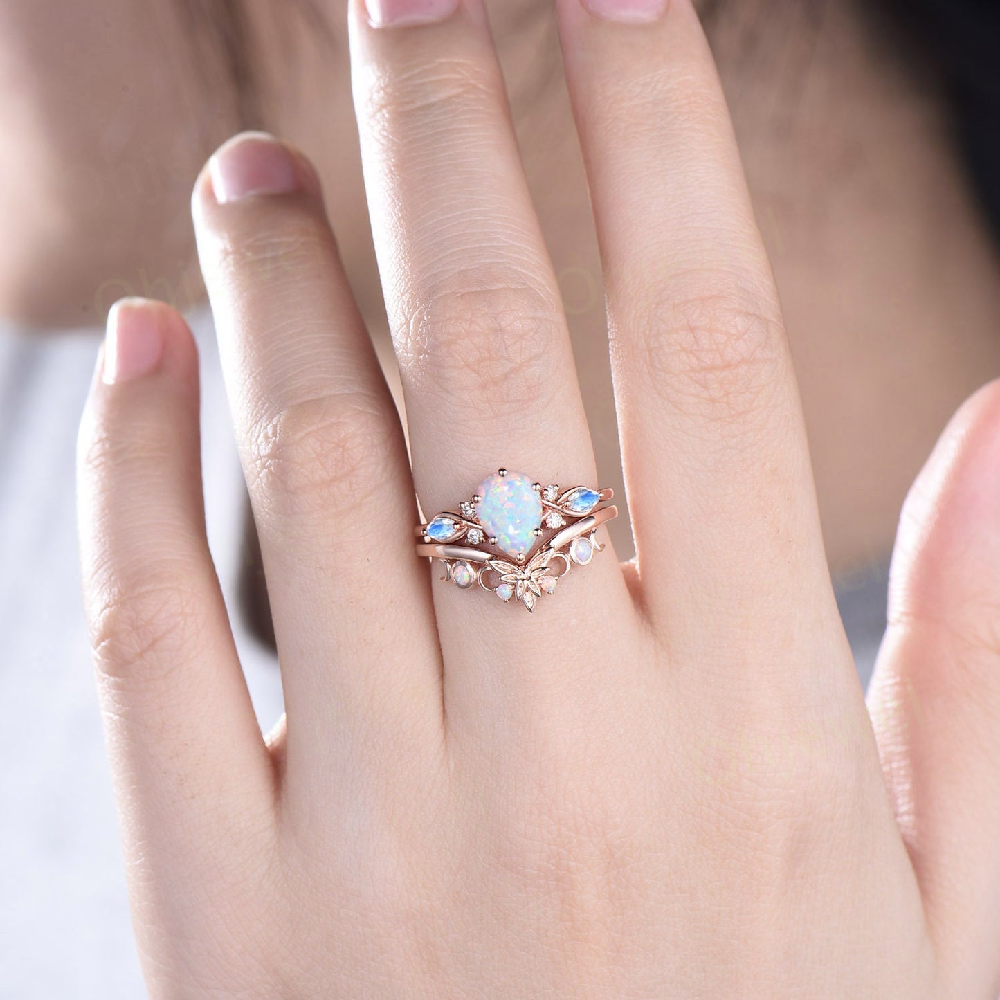 Pear shaped white opal ring vintage unique engagement ring art deco 14k rose gold leaf moonstone ring women twisted promise ring set gift