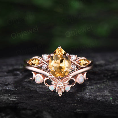 Pear shaped citrine ring vintage unique engagement ring art deco 14k yellow gold leaf opal ring women twisted wedding promise ring set gift