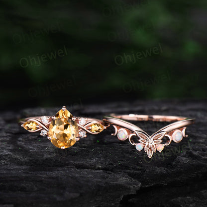 Pear shaped citrine ring vintage unique engagement ring art deco 14k yellow gold leaf opal ring women twisted wedding promise ring set gift