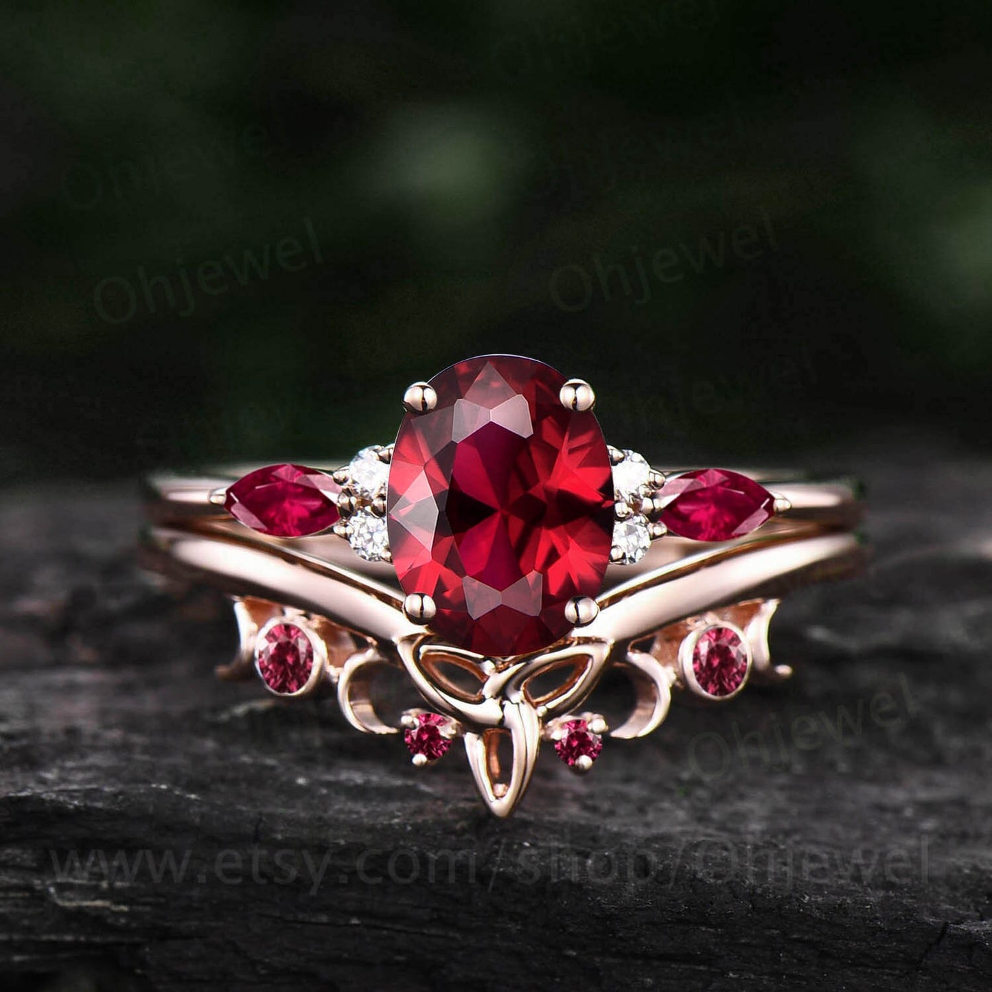 Oval cut red ruby ring vintage unique engagement ring set rose gold cluster marquise cut ruby jewelry anniversary wedding ring women gift