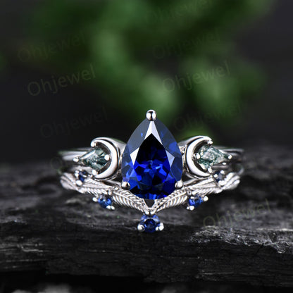 Vintage pear blue sapphire engagement ring white gold kite moss agate ring moon leaf natural sapphire wedding ring set band women jewelry