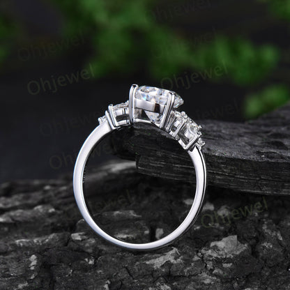 Pear moissanite engagement ring 14k white gold cluster snowdrift diamond ring vintage moon unique bridal wedding ring band set women