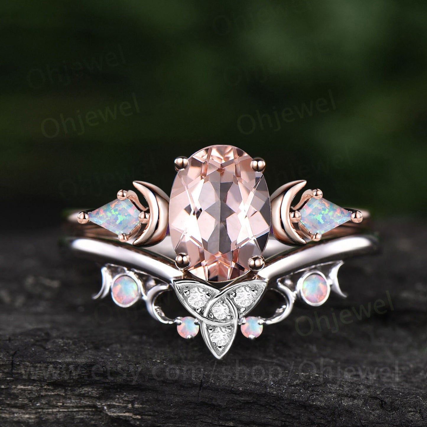 Vintage oval cut morganite engagement ring Moon kite opal ring solid 14k rose gold Crystal gemstone moissanite promise bridal ring set women