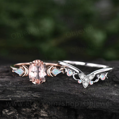 Vintage oval cut morganite engagement ring Moon kite opal ring solid 14k rose gold Crystal gemstone moissanite promise bridal ring set women