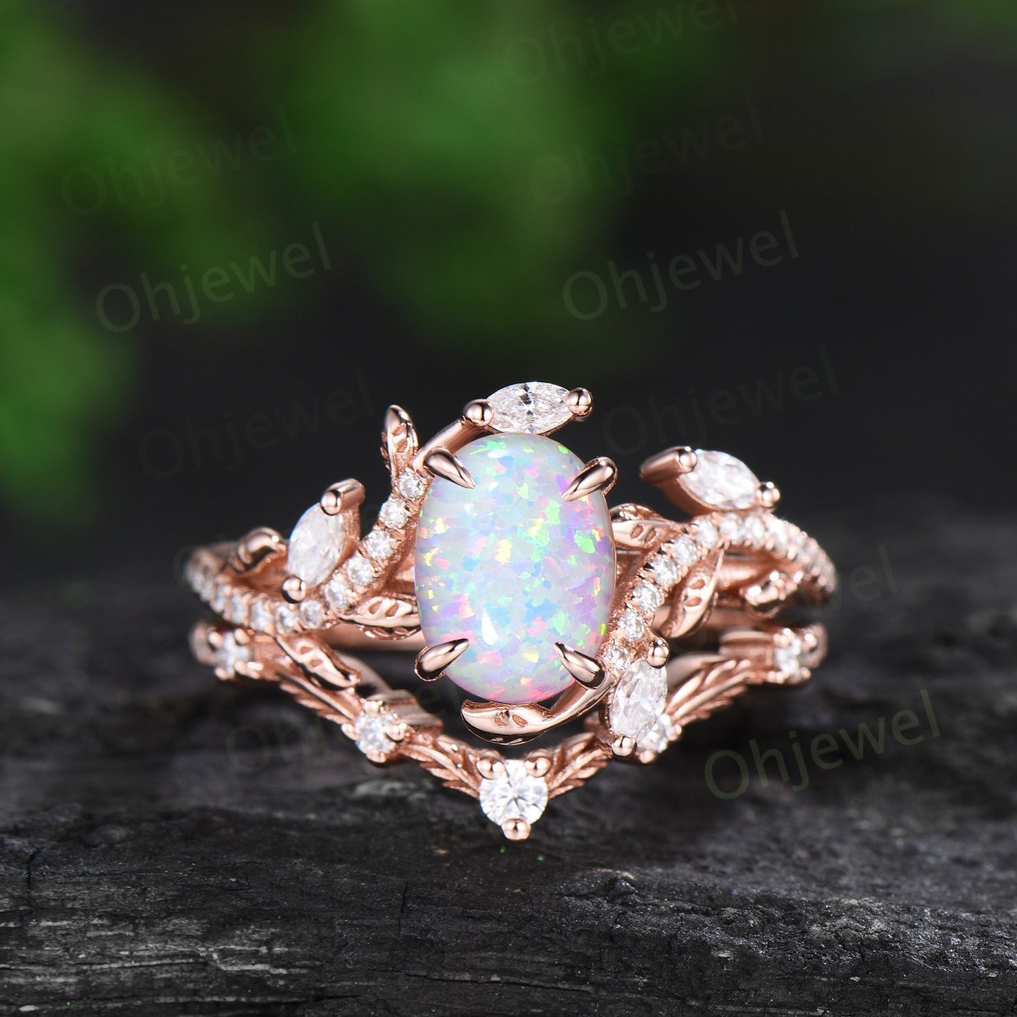 Oval white opal ring vintage rose gold leaf nature inspired unique engagement ring half eternity diamond anniversary ring set gift for women