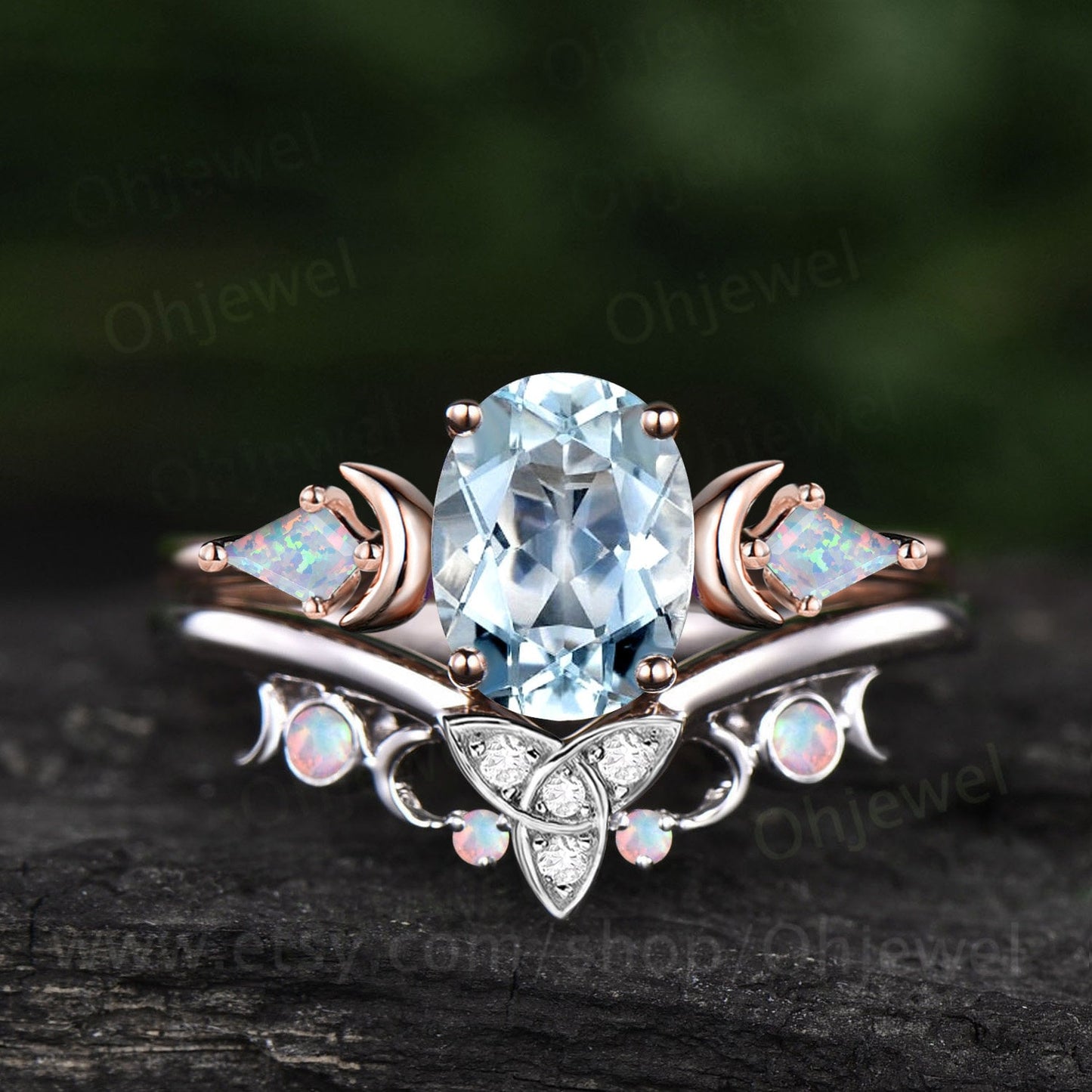 Vintage oval cut aquamarine engagement ring Moon kite opal ring solid 14k rose gold moissanite promise bridal ring set women jewelry