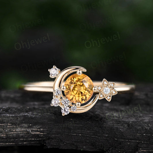 Round cut natural yellow sapphire ring vintage moon engagement ring gold cluster diamond ring women dainty bridal anniversary ring gift