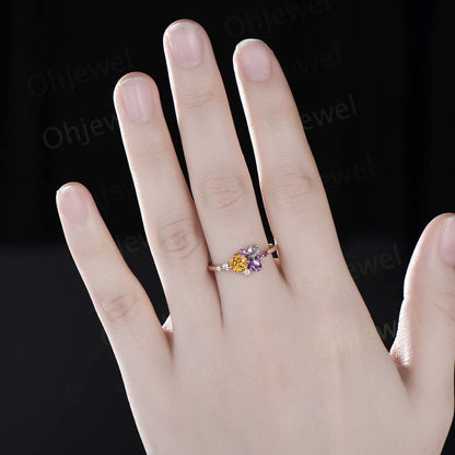 Dainty round natural yellow sapphire ring cluster amethyst aquamarine diamond ring rose gold unique engagement ring women anniversary gift