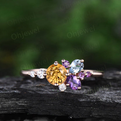 Dainty round natural yellow sapphire ring cluster amethyst aquamarine diamond ring rose gold unique engagement ring women anniversary gift